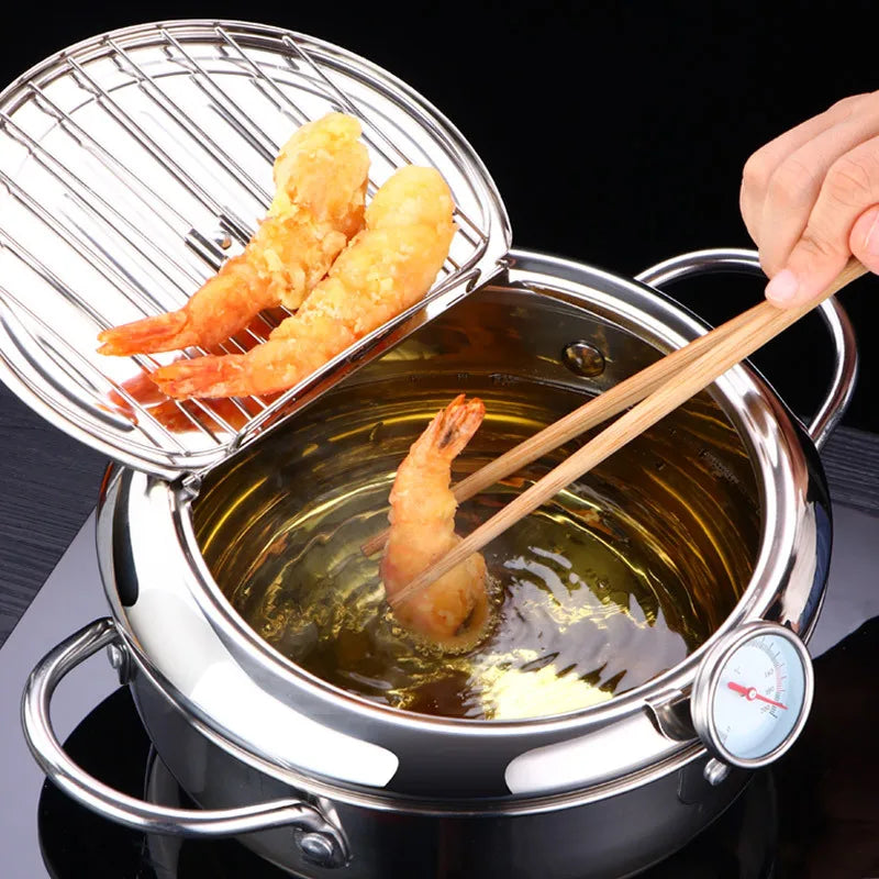 Olla para freír profunda japonesa LMETJMA con termómetro y tapa, freidora de tempura de cocina de acero inoxidable 304, sartén de 20-24 cm KC0405