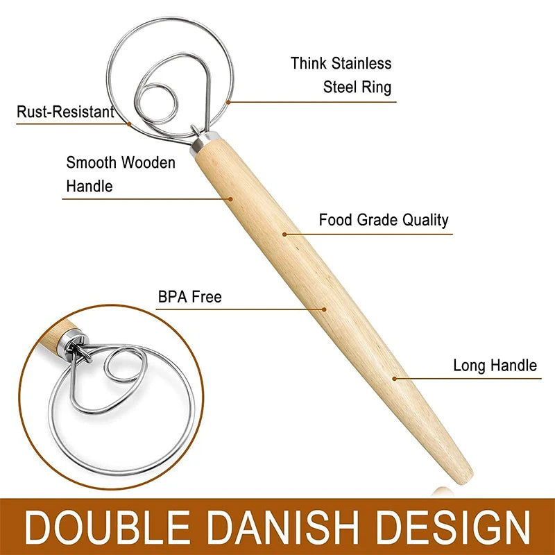 Gran batidor de masa danés de mano batidora de pan de acero inoxidable batidor de pastel masa batidor de huevos herramienta de cocina para hornear