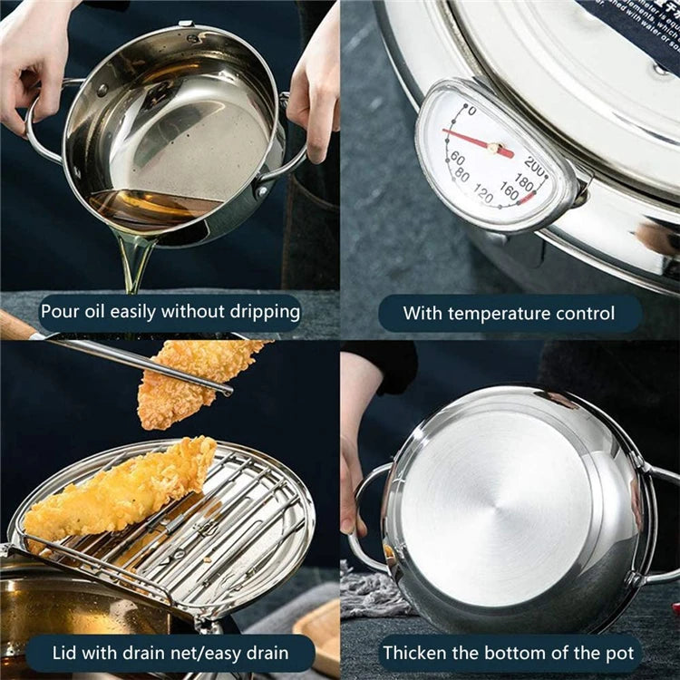 Olla para freír profunda japonesa LMETJMA con termómetro y tapa, freidora de tempura de cocina de acero inoxidable 304, sartén de 20-24 cm KC0405