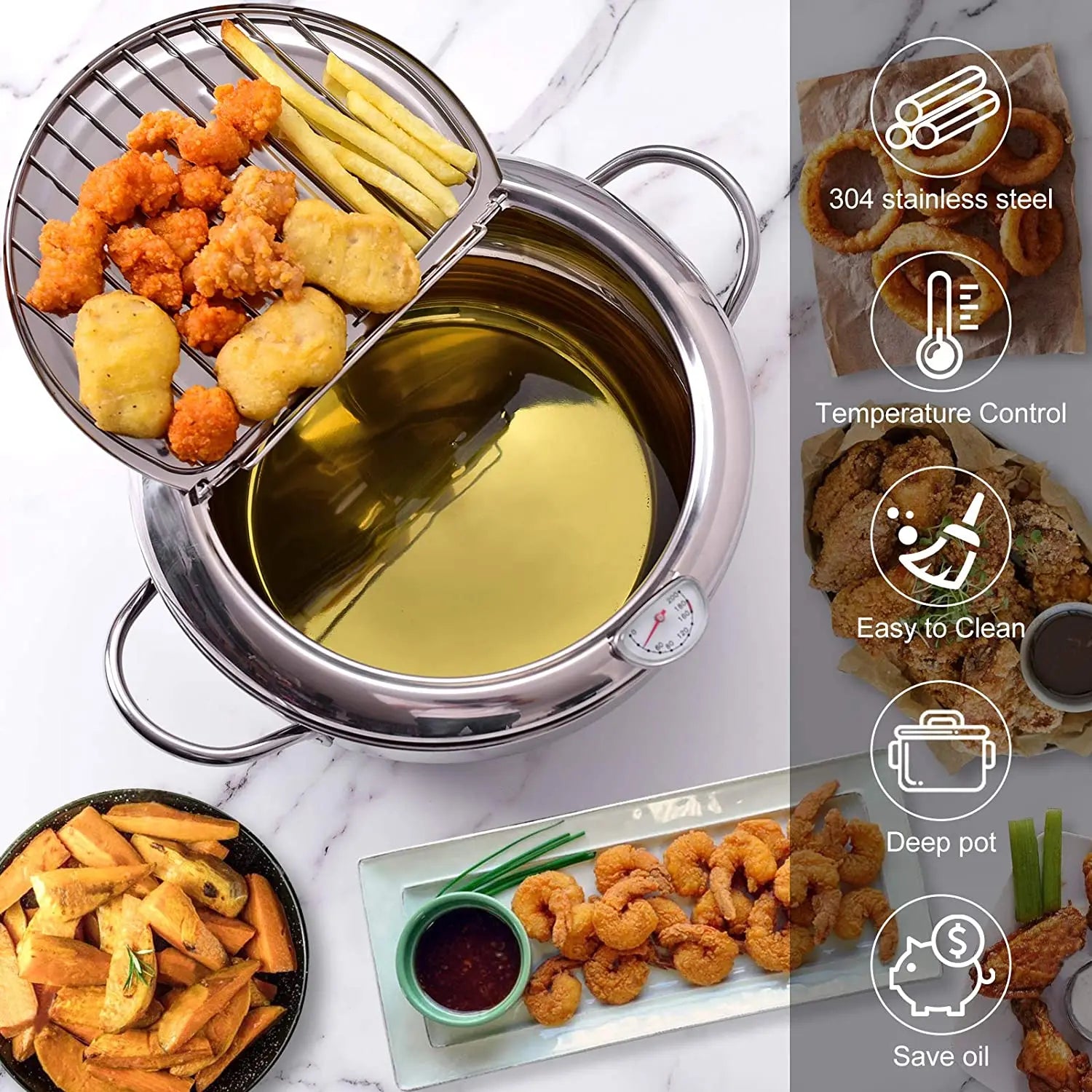 Olla para freír profunda japonesa LMETJMA con termómetro y tapa, freidora de tempura de cocina de acero inoxidable 304, sartén de 20-24 cm KC0405