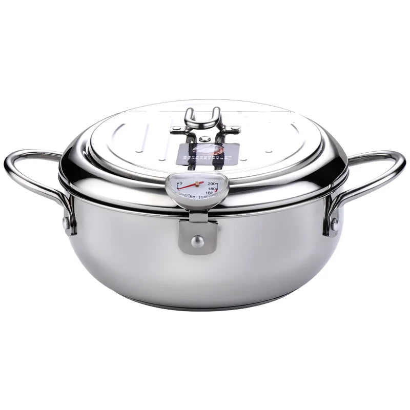 Olla para freír profunda japonesa LMETJMA con termómetro y tapa, freidora de tempura de cocina de acero inoxidable 304, sartén de 20-24 cm KC0405
