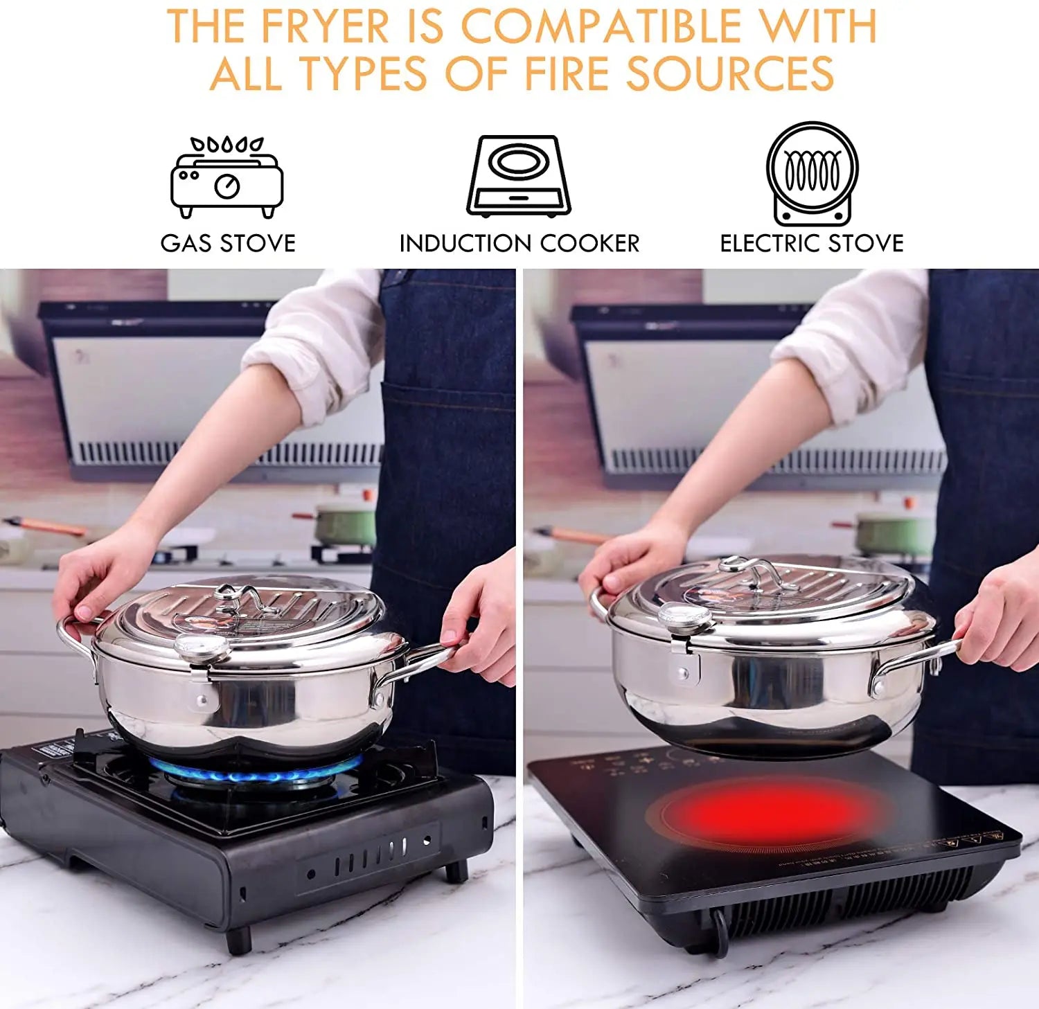 Olla para freír profunda japonesa LMETJMA con termómetro y tapa, freidora de tempura de cocina de acero inoxidable 304, sartén de 20-24 cm KC0405