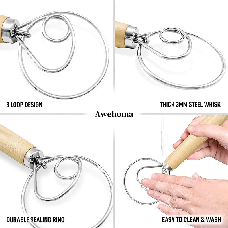 Gran batidor de masa danés de mano batidora de pan de acero inoxidable batidor de pastel masa batidor de huevos herramienta de cocina para hornear