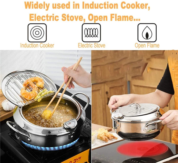 Olla para freír profunda japonesa LMETJMA con termómetro y tapa, freidora de tempura de cocina de acero inoxidable 304, sartén de 20-24 cm KC0405