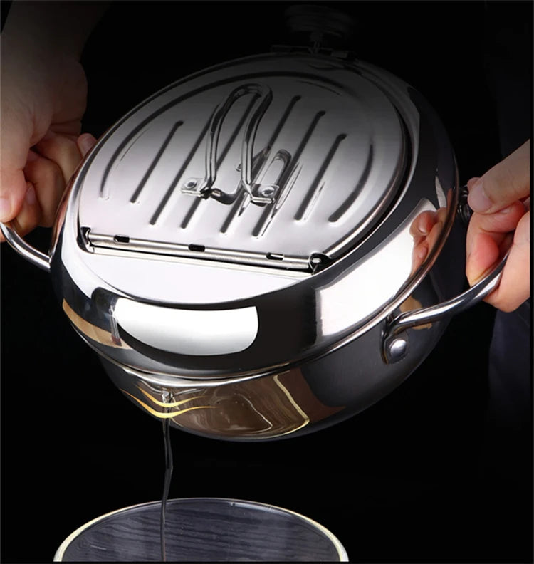 Olla para freír profunda japonesa LMETJMA con termómetro y tapa, freidora de tempura de cocina de acero inoxidable 304, sartén de 20-24 cm KC0405