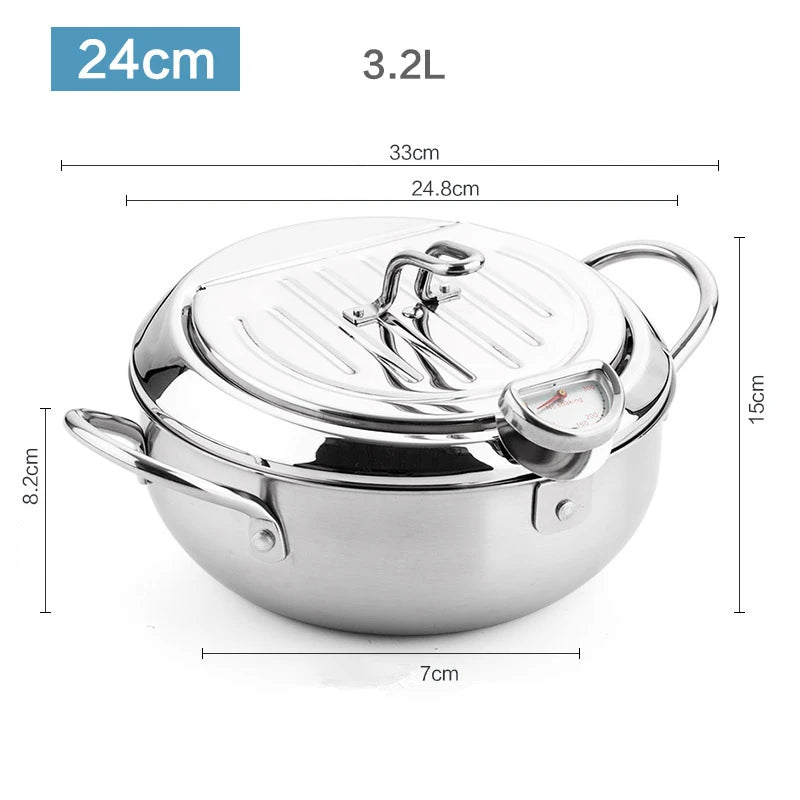 Olla para freír profunda japonesa LMETJMA con termómetro y tapa, freidora de tempura de cocina de acero inoxidable 304, sartén de 20-24 cm KC0405