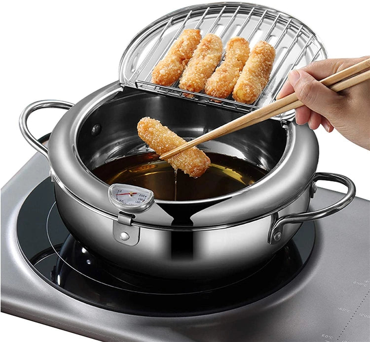 Olla para freír profunda japonesa LMETJMA con termómetro y tapa, freidora de tempura de cocina de acero inoxidable 304, sartén de 20-24 cm KC0405