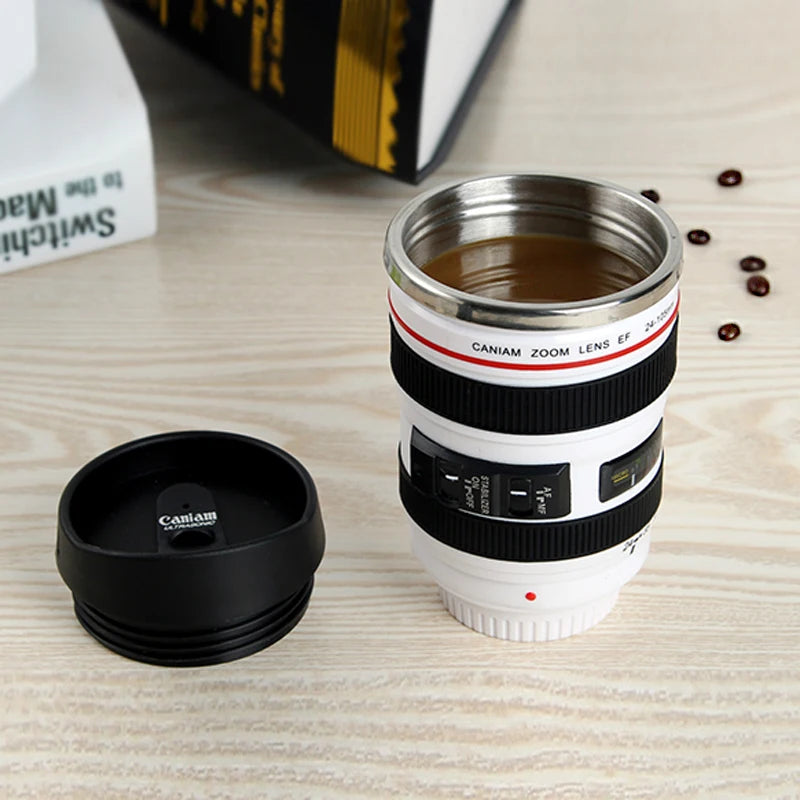 Taza de café de lente de cámara SLR de acero inoxidable EF24-105mm Negro/Blanco regalo creativo