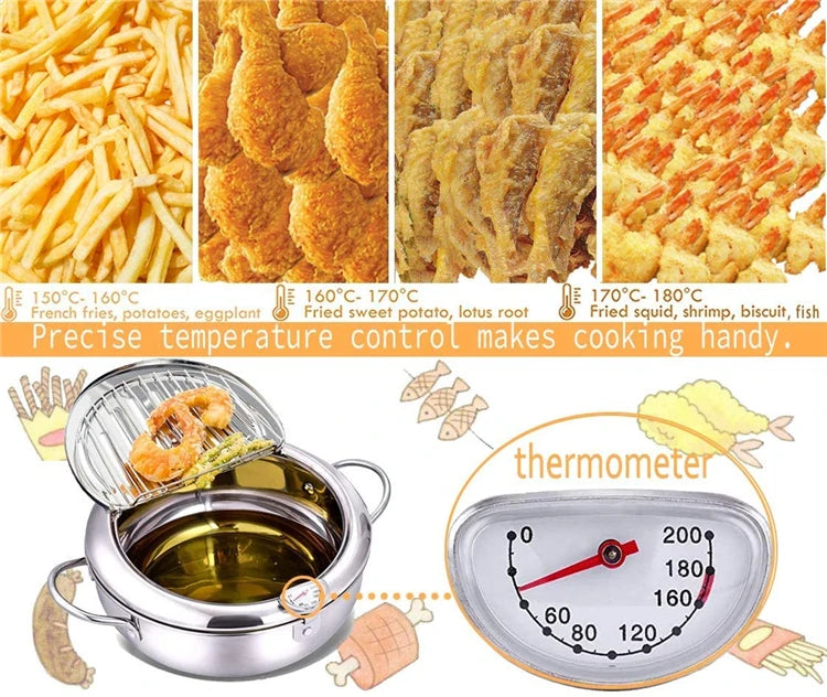 Olla para freír profunda japonesa LMETJMA con termómetro y tapa, freidora de tempura de cocina de acero inoxidable 304, sartén de 20-24 cm KC0405