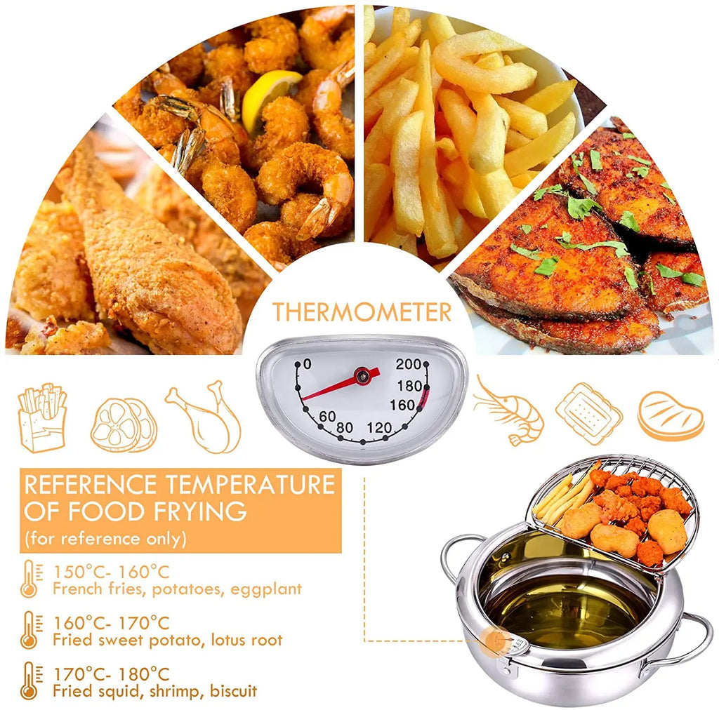 Olla para freír profunda japonesa LMETJMA con termómetro y tapa, freidora de tempura de cocina de acero inoxidable 304, sartén de 20-24 cm KC0405