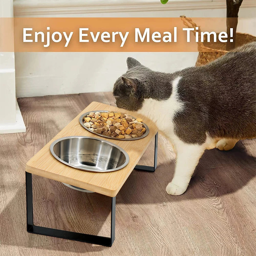 Comedero Elevado Doble de Bambú para Perros y Gatos