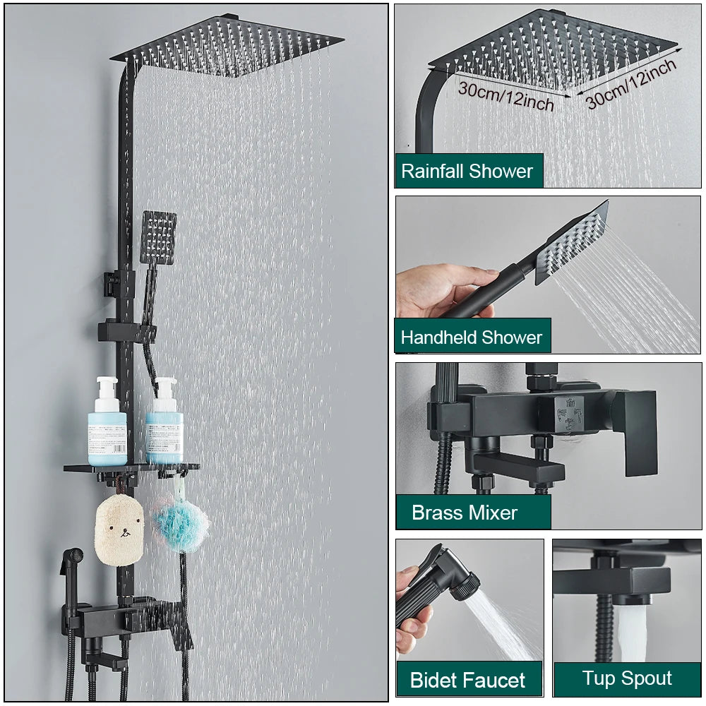 Sistema de Ducha Tipo Columna Negro Mate con Ducha Higiénica