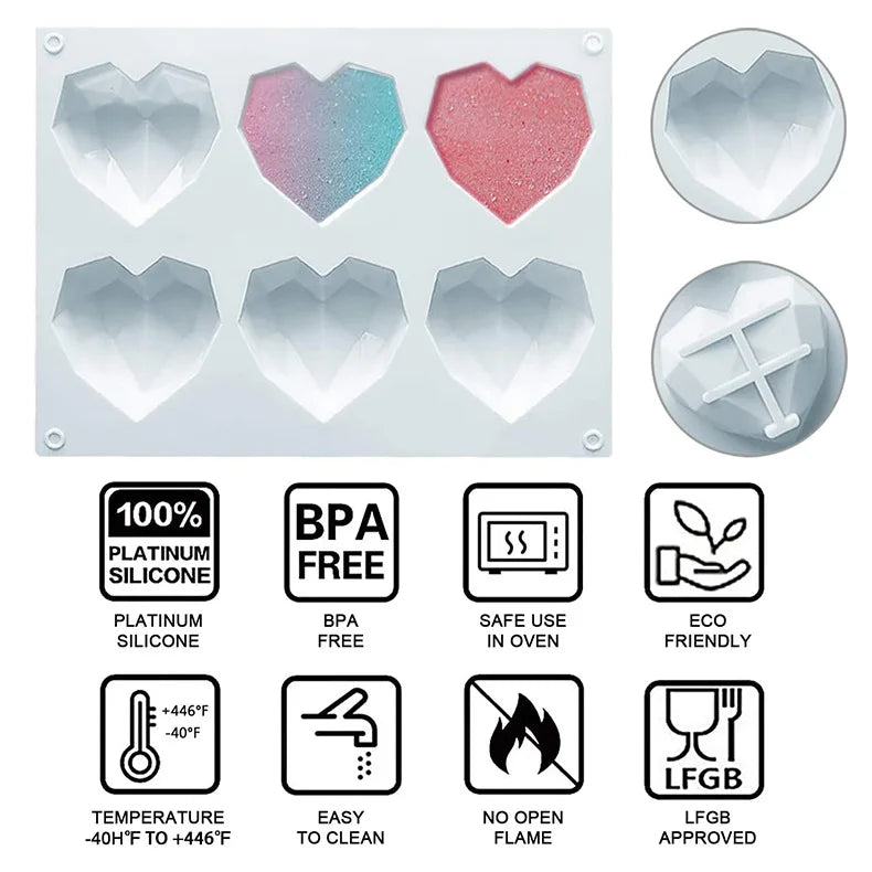 Juego de Moldes de Silicona en Forma de Diamante con Letras y Números, 1/6/8 Cavidades en Forma de Corazón para Mousse, Pasteles, Chocolate, Jabón y Velas