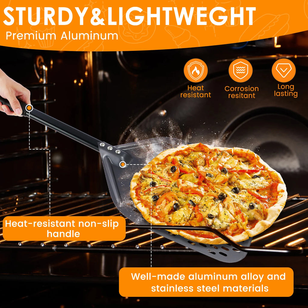 Pala para pizza perforada de 12 pulgadas, pala rectangular para pizza, aluminio con recubrimiento duro, pala corta para pizza, herramienta de cocina