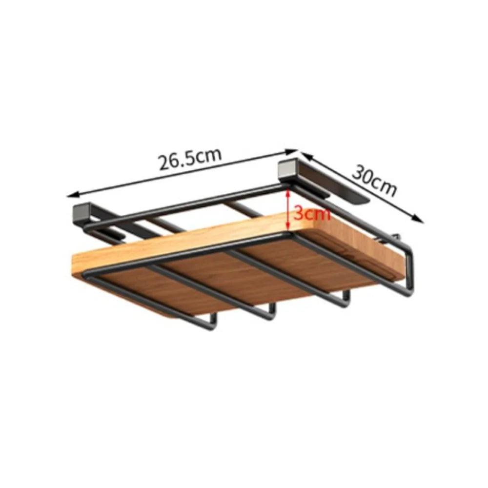 Under Cabinet Kitchen Organizer Rack with Hooks for Paper Towels Cutting Boards and Pot Lids