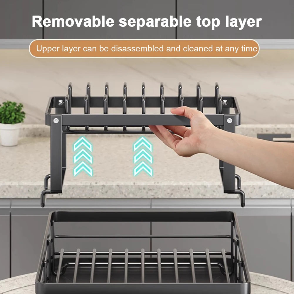 Dish Bowl Drainer Drying Rack Adjustable Kitchen Plates Organizer with Drainboard