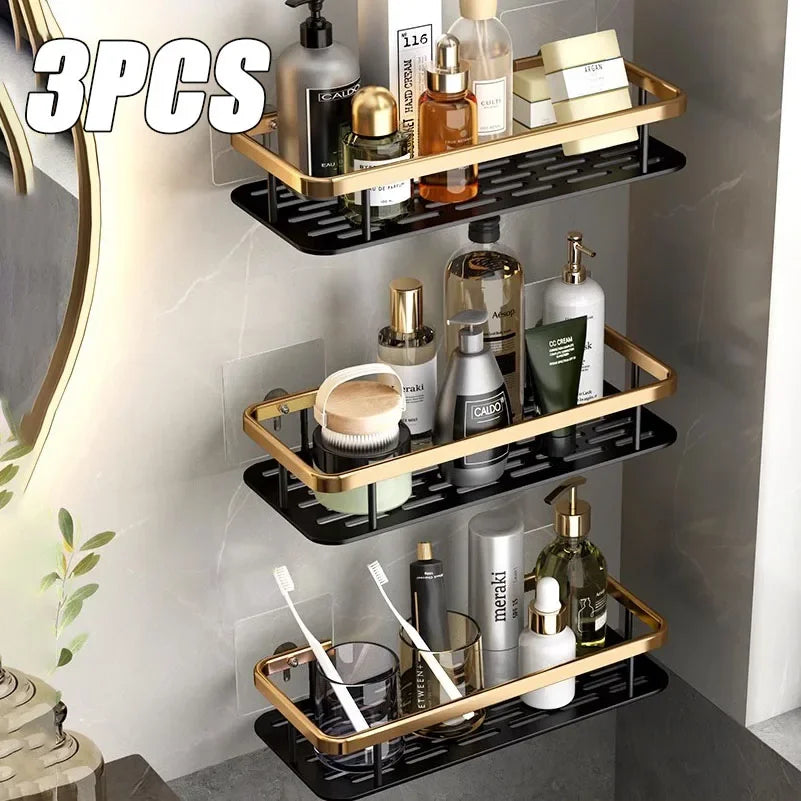 Punch Holes Black Gold Aluminum Shelves Bathroom Kitchen Storage Double Layer Space Saving Rustproof Wall Mounted Design