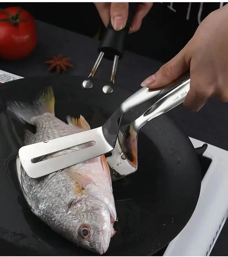 Pala de pescado frito de acero inoxidable dos en uno, pala de doble cara, clip para pescado, pala para filete frito, clip para freír, utensilios de cocina