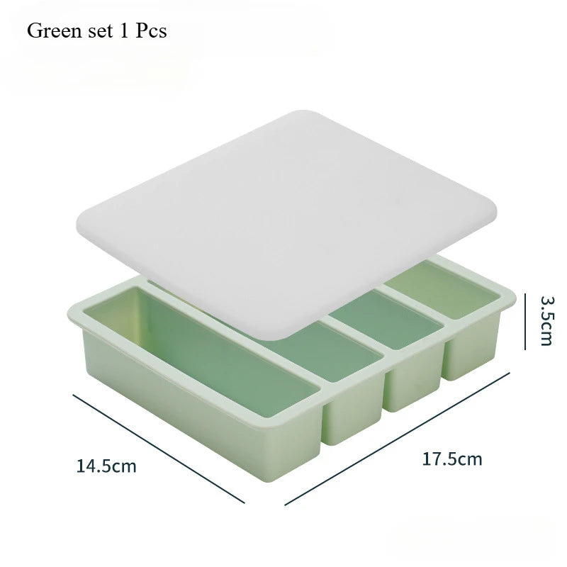 Bandeja de hielo cuadrada de 4 celdas, tira larga, molde de silicona de grado alimenticio, bandeja de hielo rectangular reutilizable para el hogar con tapa o sin tapa