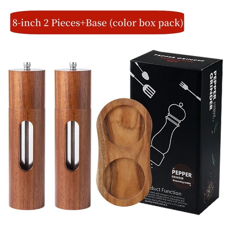 Molino de Sal y Pimienta de Madera, Molino de Pimienta Manual de 8 Pulgadas con Grosor Ajustable y Recargable, Salpimenteros de Madera de Acacia para Cocina