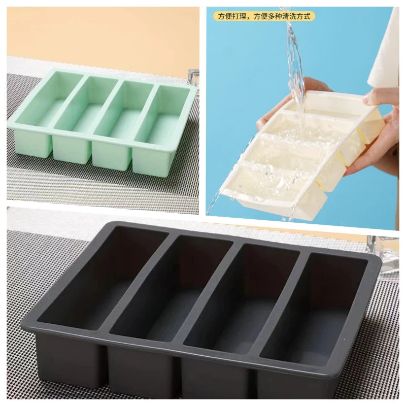 Bandeja de hielo cuadrada de 4 celdas, tira larga, molde de silicona de grado alimenticio, bandeja de hielo rectangular reutilizable para el hogar con tapa o sin tapa