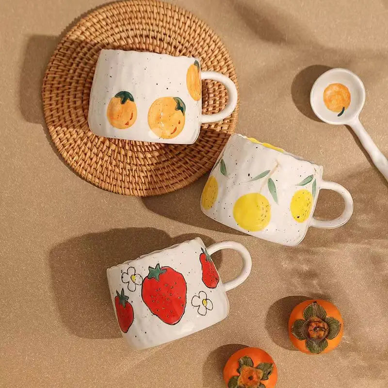 Taza de café de cerámica con superficie esmaltada, dibujo de frutas de caricatura, tazas para niños, taza de porcelana de fresa para niños