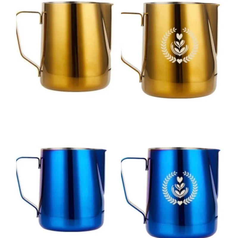 Jarra para espumar leche de acero inoxidable 304, tarro de espuma de leche para café, lata de espuma de leche para café, accesorios de café latte para cafetería, azul y dorado