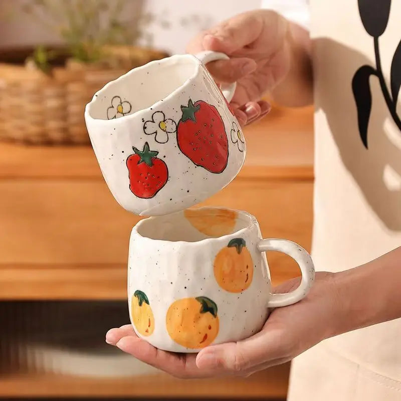 Taza de café de cerámica con superficie esmaltada, dibujo de frutas de caricatura, tazas para niños, taza de porcelana de fresa para niños