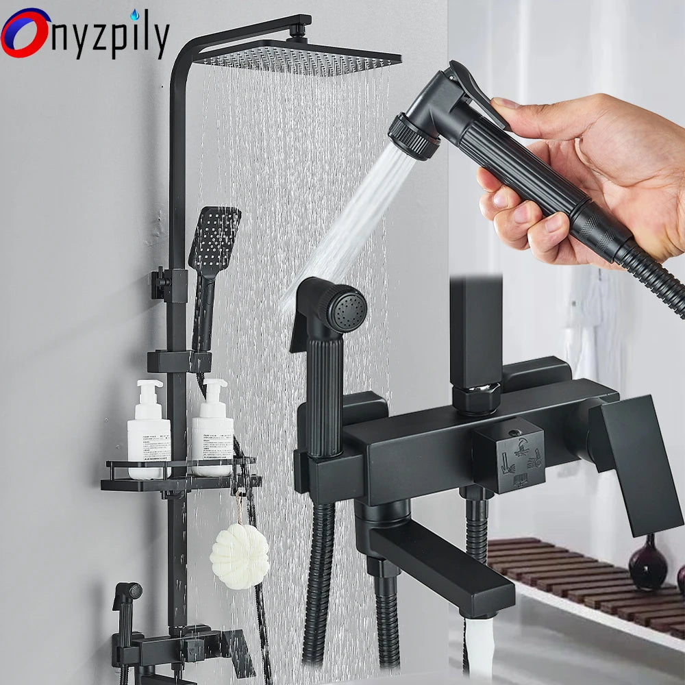 Sistema de Ducha Tipo Columna Negro Mate con Ducha Higiénica