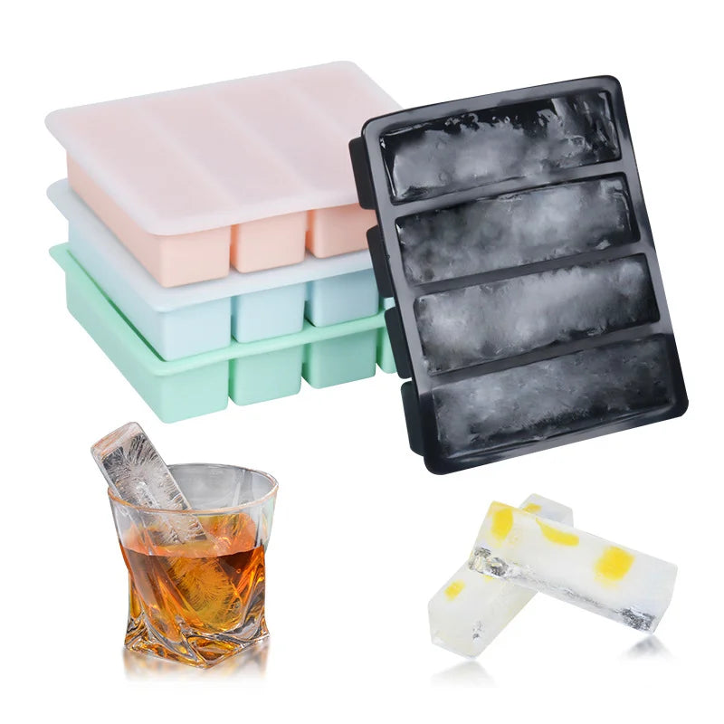 Bandeja de Hielo Larga con 4 Compartimentos, Molde de Hielo de Silicona Reutilizable, Fabricante de Cubitos de Hielo de Silicona de Calidad Alimentaria y Libre de BPA