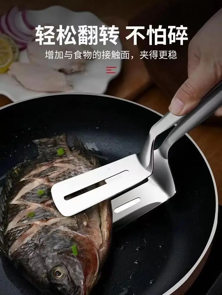 Pala de pescado frito de acero inoxidable dos en uno, pala de doble cara, clip para pescado, pala para filete frito, clip para freír, utensilios de cocina