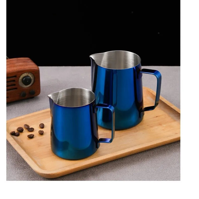 Jarra para espumar leche de acero inoxidable 304, tarro de espuma de leche para café, lata de espuma de leche para café, accesorios de café latte para cafetería, azul y dorado