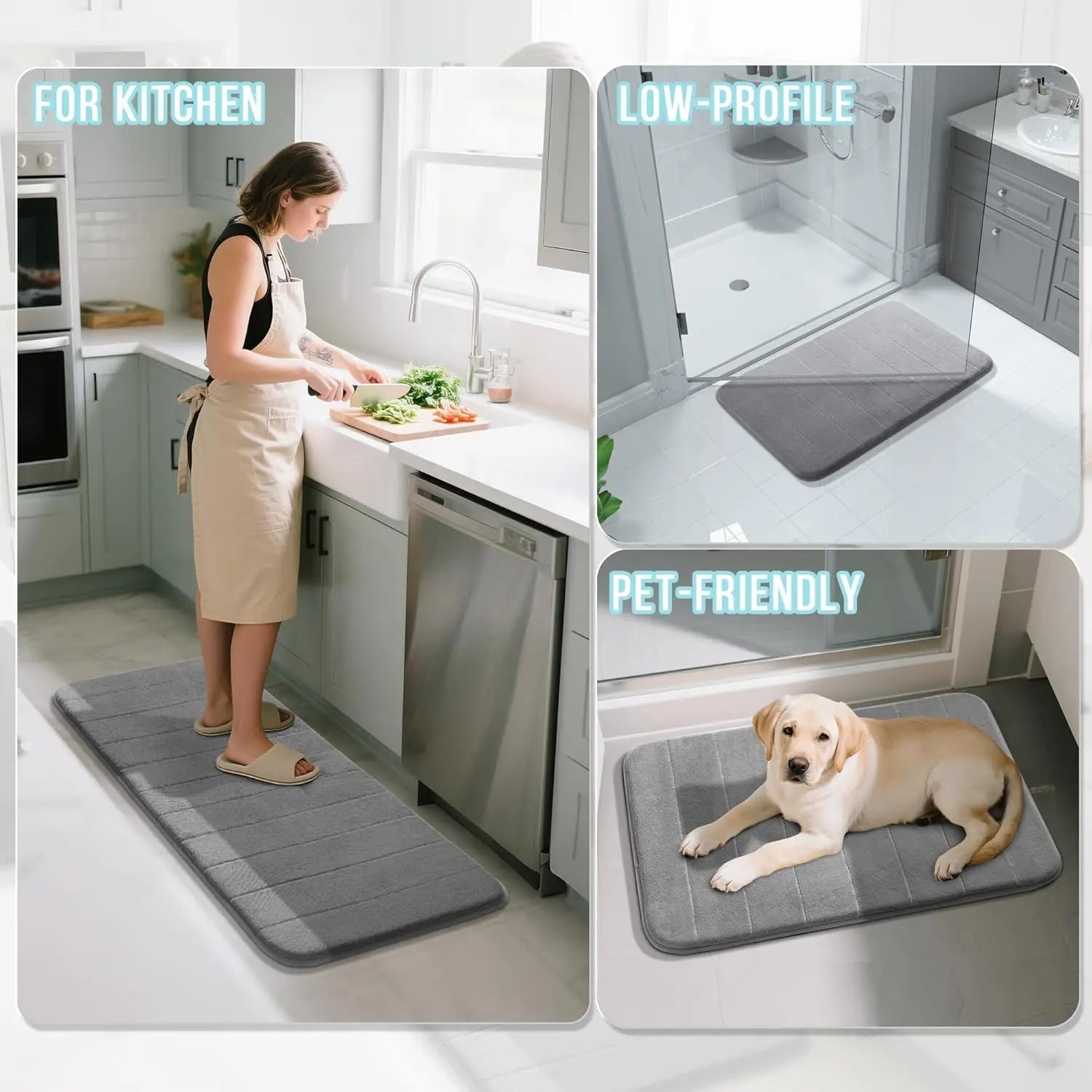 Juego de 3 piezas de alfombra de baño de espuma viscoelástica - Súper suave, absorbente, de secado rápido, antideslizante, alfombra de baño para bañera, ducha, tocador, base del inodoro, gris