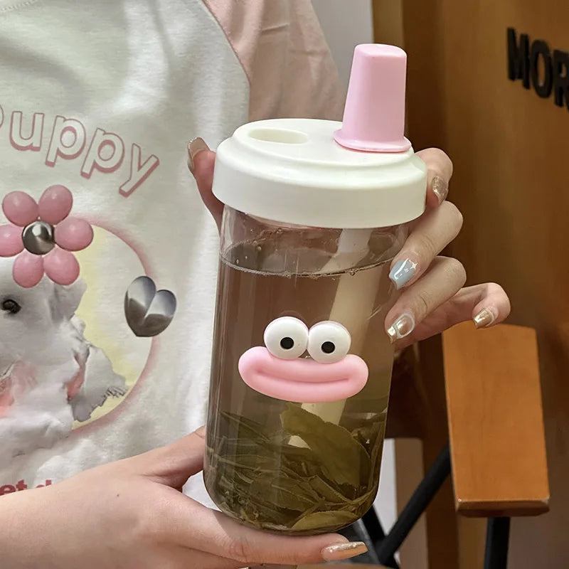 Botella de agua de plástico linda de 500/850ML con té de burbujas y popote de té con perlas para chicas, taza de agua de gran capacidad para estudiantes, café y jugo