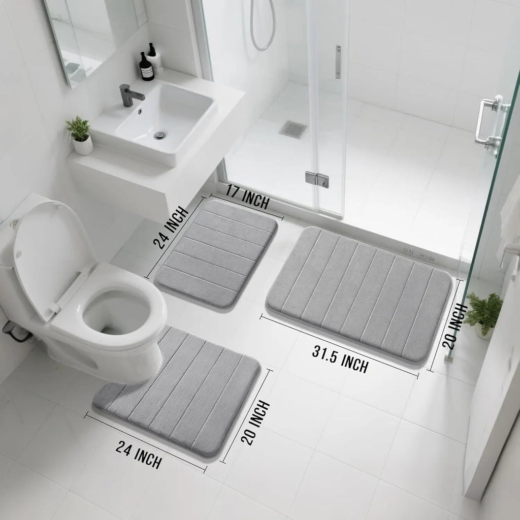 Juego de 3 piezas de alfombra de baño de espuma viscoelástica - Súper suave, absorbente, de secado rápido, antideslizante, alfombra de baño para bañera, ducha, tocador, base del inodoro, gris