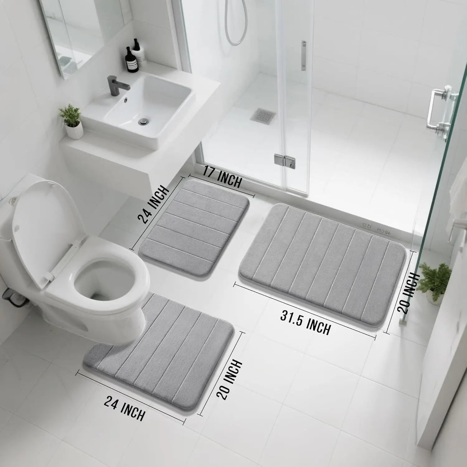 Juego de 3 piezas de alfombra de baño de espuma viscoelástica - Súper suave, absorbente, de secado rápido, antideslizante, alfombra de baño para bañera, ducha, tocador, base del inodoro, gris