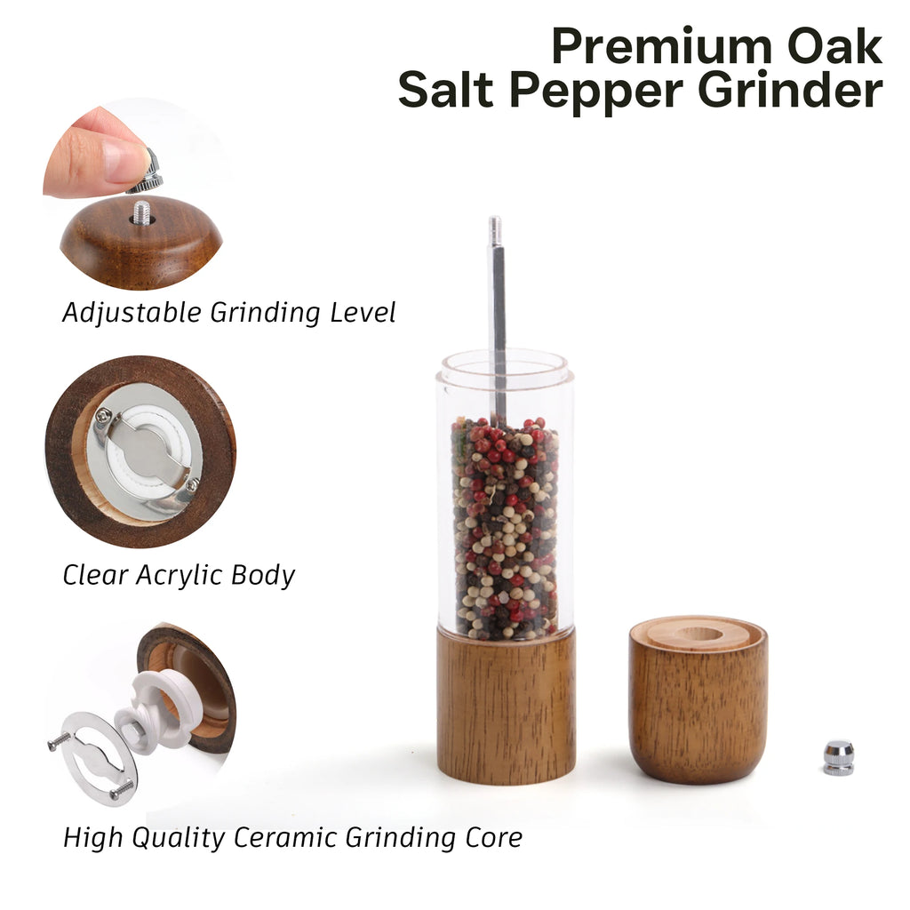 Set de Molino de Sal y Pimienta de Madera de Roble de 8 Pulgadas con Núcleo de Molino de Cerámica Ajustable