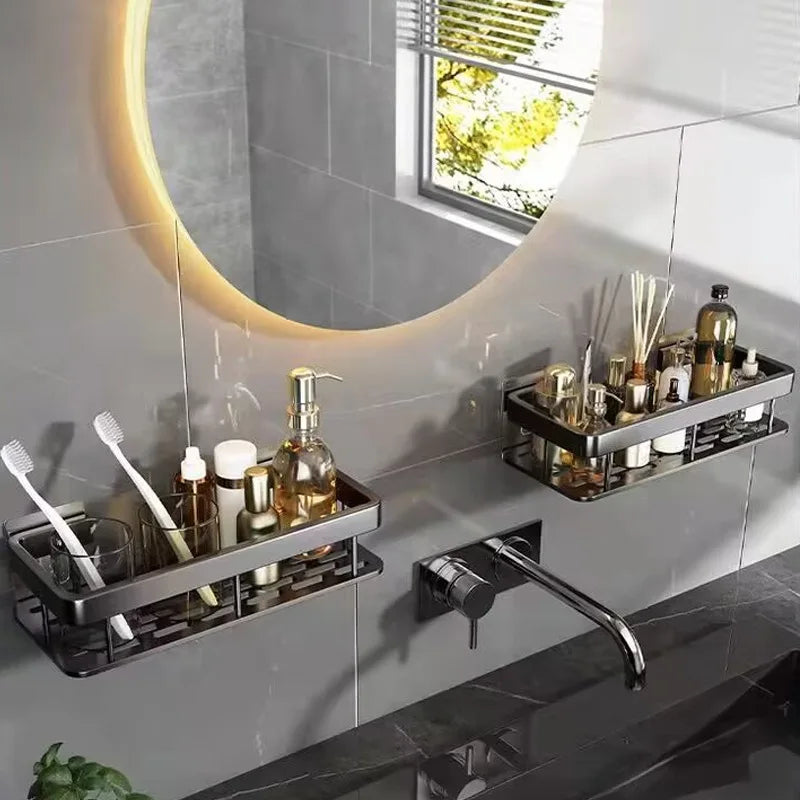 Punch Holes Black Gold Aluminum Shelves Bathroom Kitchen Storage Double Layer Space Saving Rustproof Wall Mounted Design