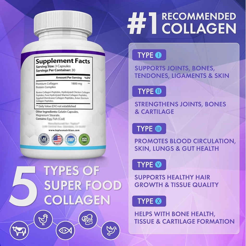 Collagen Peptides Supplement 1500mg for Hair Nails Skin Bone & Joint Health 90 Capsules