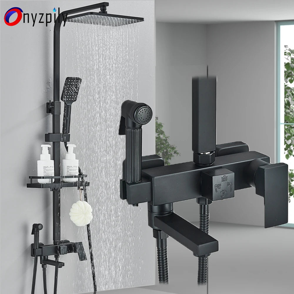 Sistema de Ducha Tipo Columna Negro Mate con Ducha Higiénica