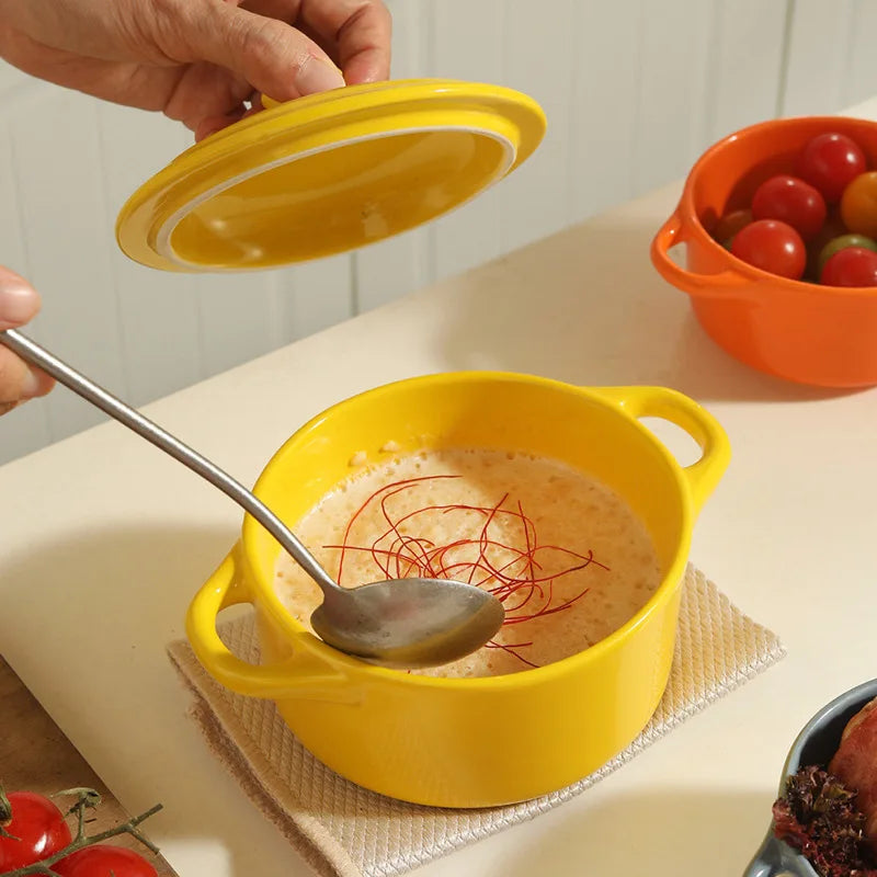 1 pieza de cuenco pequeño de cerámica con doble asa - Seguro para horno para flan de huevo al vapor, sopa casera, pudín, horneado y guisos