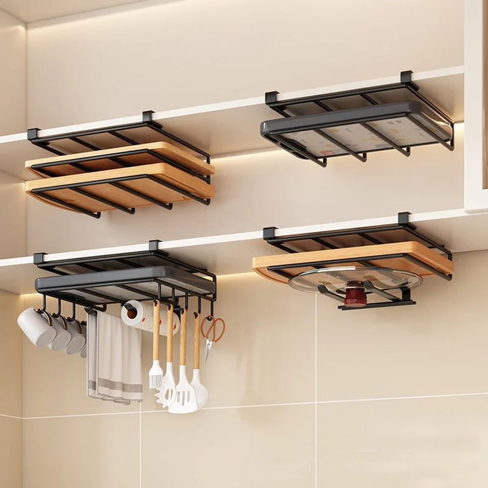 Under Cabinet Kitchen Organizer Rack with Hooks for Paper Towels Cutting Boards and Pot Lids