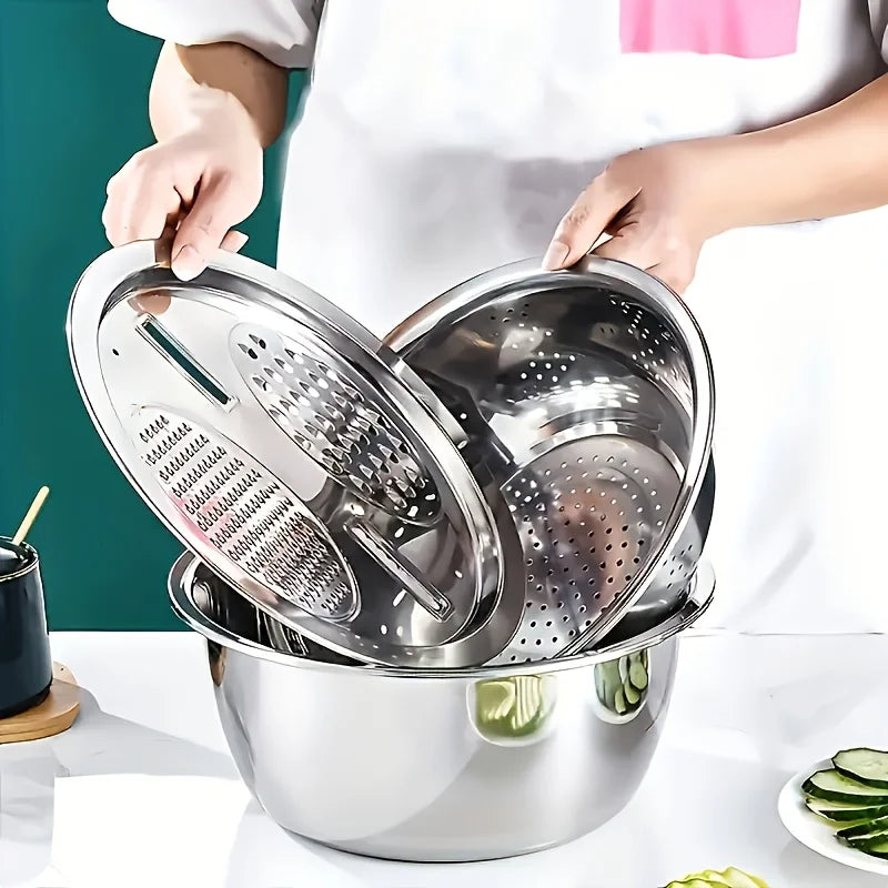Juego de cocina de 3 piezas de acero inoxidable con molinillo y cuenco filtrante - Drenaje seguro para alimentos para frutas, verduras y queso | Envío en 24 horas