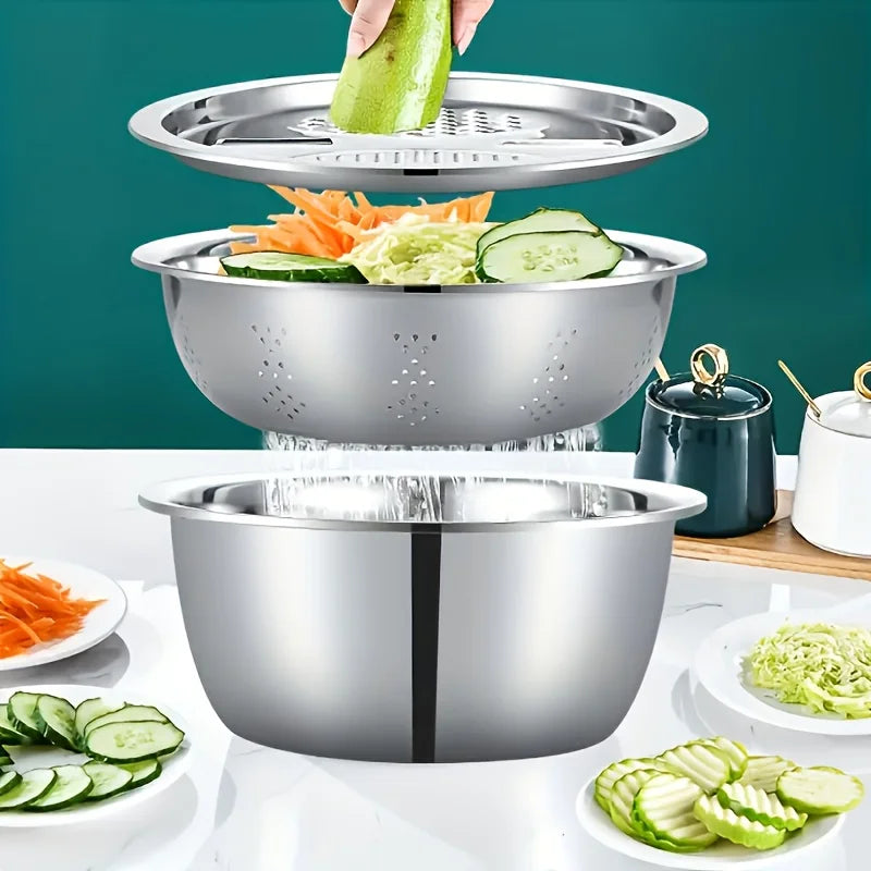 Juego de cocina de 3 piezas de acero inoxidable con molinillo y cuenco filtrante - Drenaje seguro para alimentos para frutas, verduras y queso | Envío en 24 horas