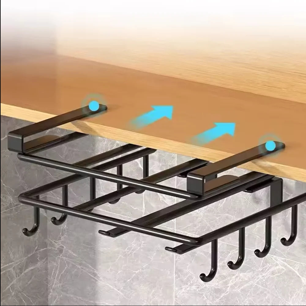 Under Cabinet Kitchen Organizer Rack with Hooks for Paper Towels Cutting Boards and Pot Lids