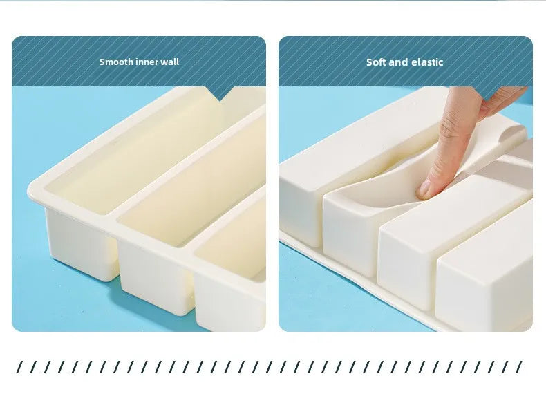 Bandeja de hielo cuadrada de 4 celdas, tira larga, molde de silicona de grado alimenticio, bandeja de hielo rectangular reutilizable para el hogar con tapa o sin tapa