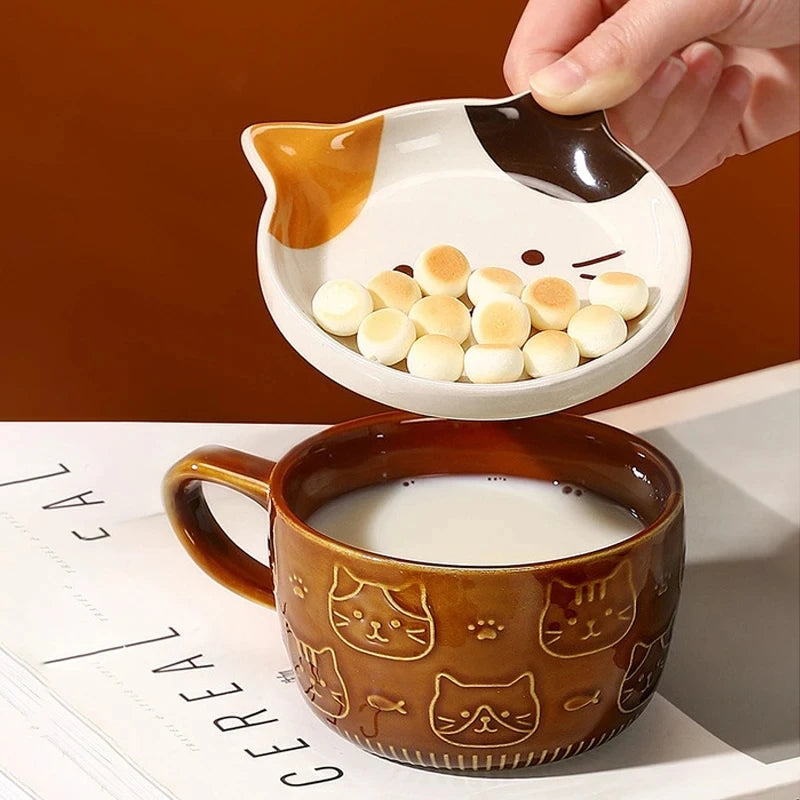 Taza de café japonesa YWDL con dibujo de gato, tapa con patrón de gato, platito pequeño, taza de desayuno linda, taza de café creativa, taza de leche, regalo