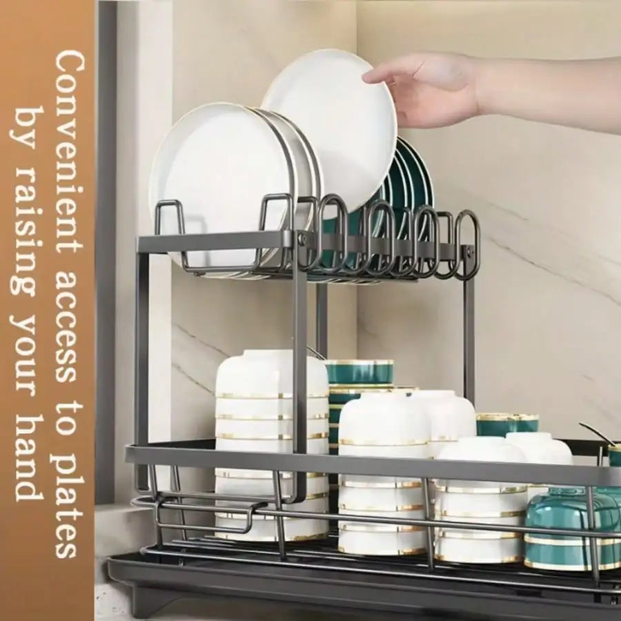 Double-Layer Large Carbon Steel Cutlery Dish Drying Rack Organizer with Drainboard