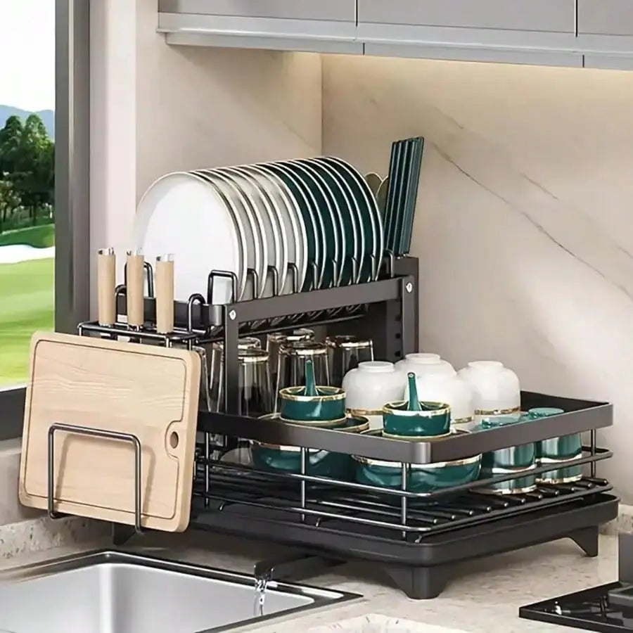 Double-Layer Large Carbon Steel Cutlery Dish Drying Rack Organizer with Drainboard