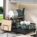 Double-Layer Large Carbon Steel Cutlery Dish Drying Rack Organizer with Drainboard